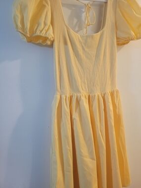 Yellow Puff-Sleeve Casual Midi Dress